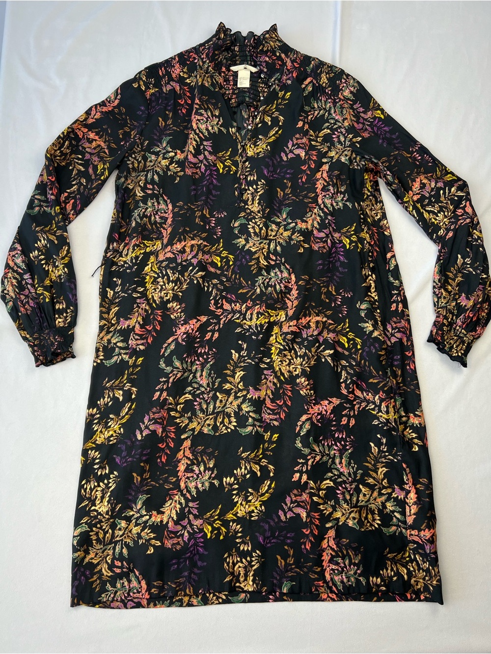 H&M Black Floral Botanical Leaf Print High Neck Long Sleeve Shift Dress Size 6